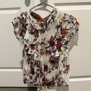 Anthropologie Floral Ruffle Blouse - White and Purple